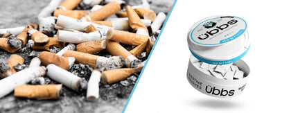 Discarded cigarettes next to übbs Menthol nicotine pouch can